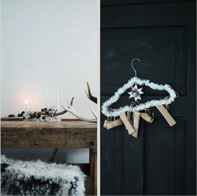 Una percha forrada, unas velas, elementos vegetales.